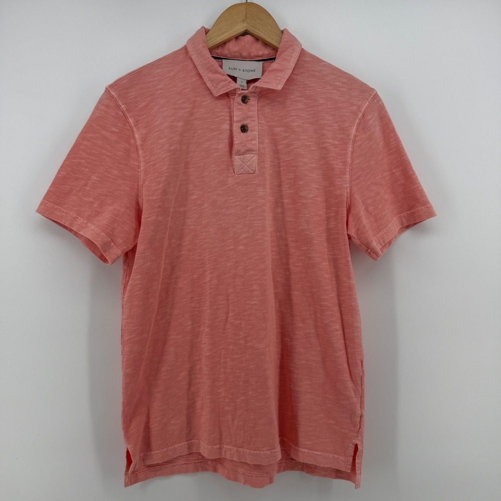 Sun + Stone Mens Coral Pink Slub Cotton Short Sleeve Polo Shirt Size Small